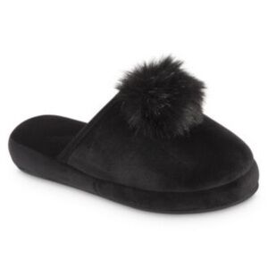 NWT Isotoner Velour Faux Fur Pom Valerie Slippers – Black Size 7.5–8 | MSRP $44
